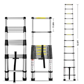 12.5ft Telescoping Ladder Aluminum Extendable Ladder Collapsible Locking Mechanism for Attic Household Use Outdoor Work 330 lbs Capacity Heavy Duty