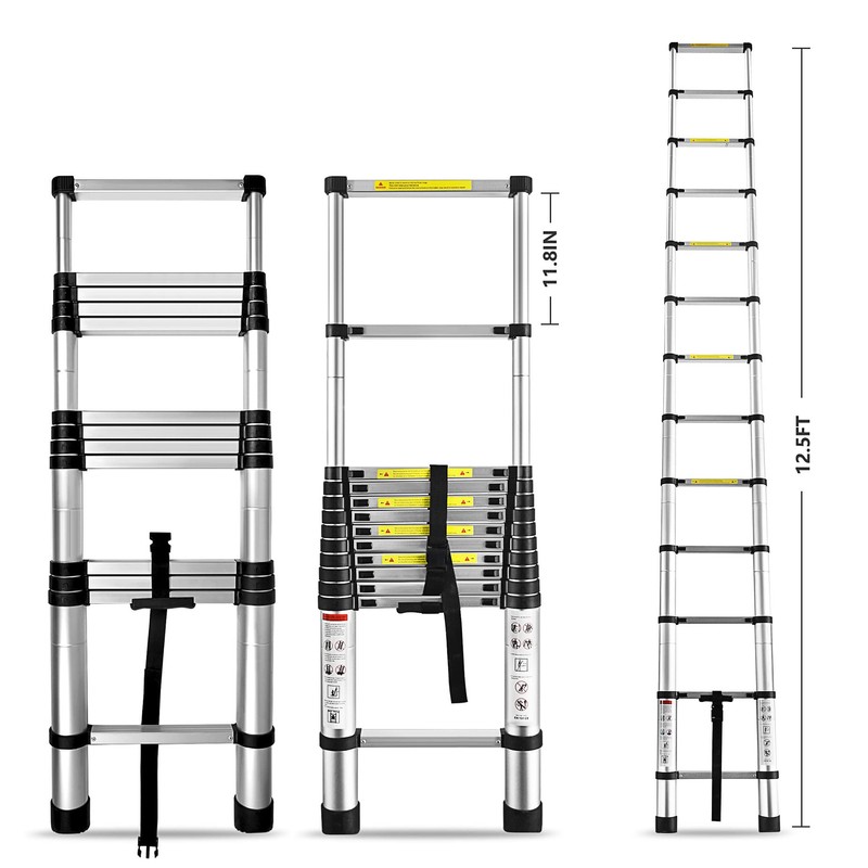 12.5ft Telescoping Ladder Aluminum Extendable Ladder Collapsible Locking Mechanism for