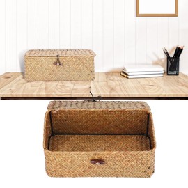 Rattan Basket Seagrass Storage Basket Baskets Containers Storage Container with Lid Rectangular Braided Storage Basket with Large Capacity for Clothes Fruit [S]