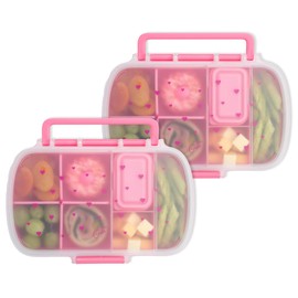 Paris Hilton 2-Pack Bento Style Snack Boxes, 7-Compartment Lunch Containers with Built-in Phone Stand, Removable Dividers and Dip Containers, Pink Heart Print