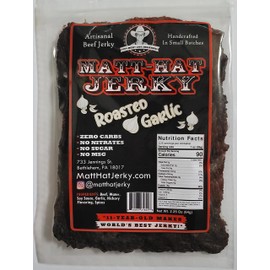 Matt-Hat Roasted Garlic Artisanal Beef Jerky made with Soy Sauce, Hickory Flavoring & Premium Beef - Low Carb & Gluten Free with No Added Sugar, Nitrates or MSG 6 oz. Bags
