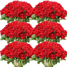 Jexine 50 Rosas Artificiales Rosas de Seda Realistas con Ramo de Flores de Tallo Flores de Plástico Falsas de Aspecto Real para Hogar Bodas Centros de Mesa Decoraciones de Fiesta (Rojo)