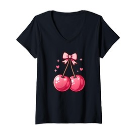 Womens Cute Pink Cherry With Bow Tie Trendy Pinkcore Cherry Women V-Neck T-Shirt