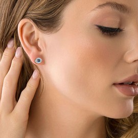 Jewmon Evil Eye Earrings for Women 925 Sterling Silver Cubic Zirconia Enamel Blue Turkish Eye Stud Earrings Protection Evil Eye Jewelry FE0226W