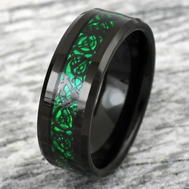 Adreamz 8mm Black Tungsten Carbide Ring for Men Women Green Carbon Fiber Celtic Dragon Inlay Promise Wedding Band Beveled Edges Polished Comfort Fit Ring Size 7