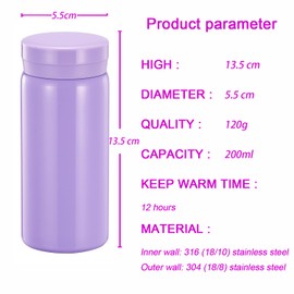 Small Flask, Cute Water Bottle, Vacuum Insulated Flask for Hot & Cold Drink, Keep 12H Hot & 6H Cold (Purple, 200ml)
