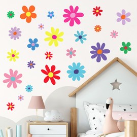 12 Sheets Daisy Wall Decals Boho Flower Wall Stickers Cute Kids Girls Room Decor Peel and Stick Floral Decals Toddler Nursery Playroom Living Room Bedroom Classroom Retro Hippie Decor Bright Style
