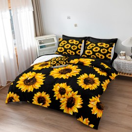 Merryword 8 Pieces Bed in a Bag Full Size Black Sunflower Comforter Set Yellow Flower Bedding Soft Microfiber Botanical Comforter Set