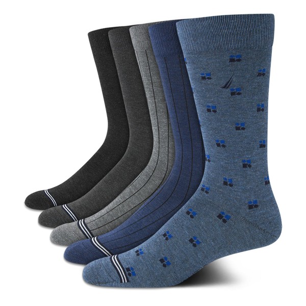 Nautica Men's Dress Socks - Lightweight Crew Socks (5 Pack), Size 6-12.5, Medium Denim