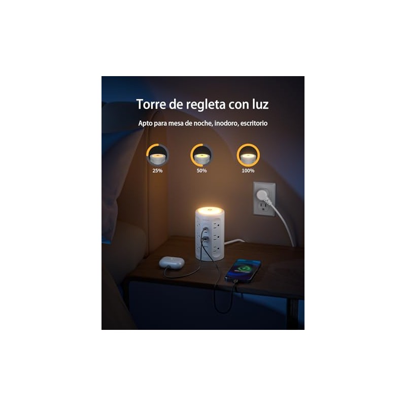 AnnTane Regleta Torre Multicontacto con Luz Nocturna, 3.04M Extension Electrica