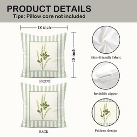 FOPENEM Sage Green Floral Botanical Pillow Covers 18x18, Cottagecore Sage Green and White Striped Botanical Flower Decorative Throw Pillow Covers for Home Bedroom Living Room Sofa Couch