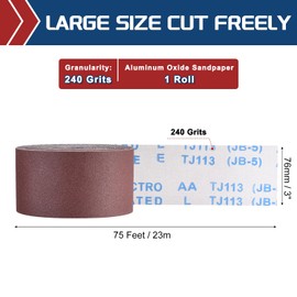 Kozelo Sandpaper Roll - [3 Inch x 75 Feet 240 Grits] Emery Cloth Roll for Metal Auto Wood Finishing Polishing and Scratches Removing, Aluminum Oxide