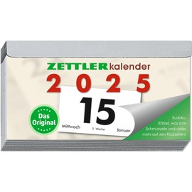 Zettler - Daily tear-off calendar 2025 Q, 10.9 x 5.9 cm, tear-off calendar with Sudokus, sun and moon times, name days, light grey patent clip, with suspension and German calendar