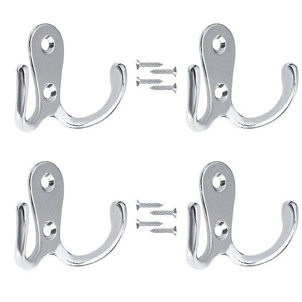 EXGOX 4 Pcs Double Prong Robe Hooks, Dual Coat Hooks Wall Mounted Hanging Clothes for Bathroom Bedroom Door Wall Retro Metal Cloth Hanger Double Coat Hooks with 8 Screws (Sliver)…