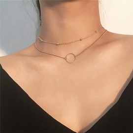 TseenYi Layered Open Circle Necklace Choker Multilayer Open Circle Pendant Necklace Double Layer Open Circle Orbit Necklace Gold Ring Circle Dangle Chain Jewellery for Women and Girls, Metal