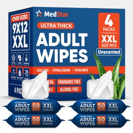 Adult Wipes for Elderly 4 Pack - Extra Large Extra Thick No-Rinse Bathing Wet Wipes for Adults - Incontinence Shower Alternative Disposable Washcloths - Fragrance-Free XXL