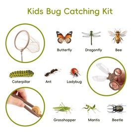 Wooden Bug Catcher for Kids, Outdoor Toys for Kids Ages 4-8, 11Pcs Kids Camping Gear & Exploration Kit with Butterfly Net, Tweezer and Other Adventure Sets for Garden Backyard