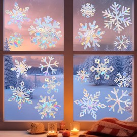 17pcs Snowflake Window Cings,Colorful Laser Christmas Window Clings,Non Adhesive Static Adhesive Christmas Window Decals,Window Stickers Snowflake Winter Wonderland Decoration for Home Office
