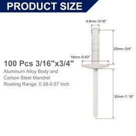 sourcing map 100Pcs 3/16"x3/4" Aluminum Blind Rivets, Large Head Multi Grip Aluminum Steel Mandrel Rivets Fasteners for Metal, Furniture, Automotive, Gray