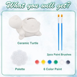 WEBEEDY Ceramic Turtle Paint Decorate Your Own Turtle Piggy Bank DIY Arts and Crafts Kit for Beginners Activity Money Bank Craft Kit with 2 Paintbrushes, 6 Paint Colors, Palette