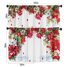 SUNWISHA Christmas Poinsettia Curtain Valances 3 Piece Set Upper Curtain 52'' Lx18'' W & Lower Curtain 36'' L X 26'' W X2 Kitchen Windows Decor Red