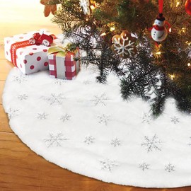 Christmas Tree Skirts, Jsdoin 36 Inch White Plush Double Layers Tree Skirt with Silver Snowflake Printed, Xmas Tree Base Cover for Christmas New Year Home Decoration(90cm)