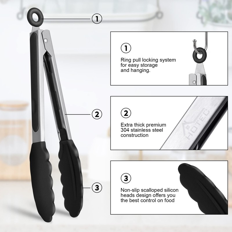 HOTEC Premium Stainless Steel Locking Kitchen Tongs with Silicon Tips,