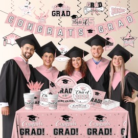 Graduation Decorations 2025 Tableware,189pcs White Pink Graduation Plates and Napkins Cups for Congrats Grad Class Of 2025 Grad Party Supplies,Serves 25(Pink)
