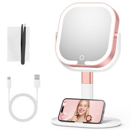 Rosivyphan Makeup Mirror with Lights, 1X/10X Magnifying Vanity Mirror with 3 Colors, 2000mAh Rechargeable Double Sided Magnifying Mirror, Height Brightness Adjustable, 360° Rotation Vanity