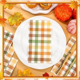 NatNarr 100 Pcs Fall Napkins Disposable, Autumn Dinner Guest Napkins Plaid Hand Towels for Bathroom Thanksgiving Harvest Napkin Orange Green Checkered Napkin for Farmhouse, Fall Thanksgiving Party
