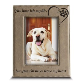 Bella Busta -You have left my life, but you will never leave my heart-memorial gifts for loss of dog or cat engraved leather photo frame (5x7 inch) horizontal)