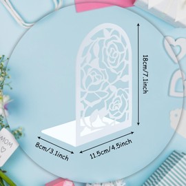 1 Pair Rose Metal Bookends,Modern Creative Rose Pattern Hollowed Nonskid Iron Book End Decorative Bookends Desk Organizer Book Shelf Holder for Kid Girl Library Home School Office Decoration (White)