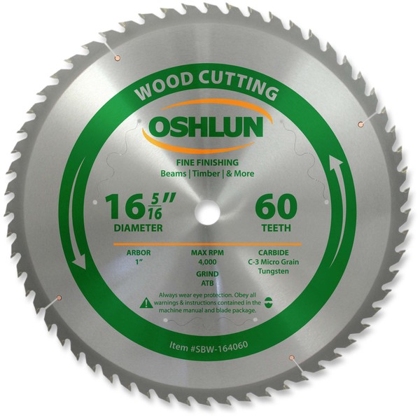Oshlun SBW-164060 16-5/16-Inch 60 Tooth Beam Saw ATB Saw Blade with 1-Inch Arbor