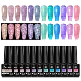 MTSSII Reflective Glitter Gel Polish Set, 12 Colors Gel Nail Polish Set Nails Gel Blue Hot Pink Purple Soak Off Uv Led Gel Nail Polish Kit Nail Gift for Her