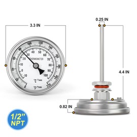 MEANLIN MEASURE 1/2" NPT Bimetal Thermometer, 3.3" Dial, 4.4" Stainless Steel Stem, Accuracy 2%, Center Back Mount, Temperature Range 0-220°F/-10-100°C for Hot Water, Boilers and Pipes