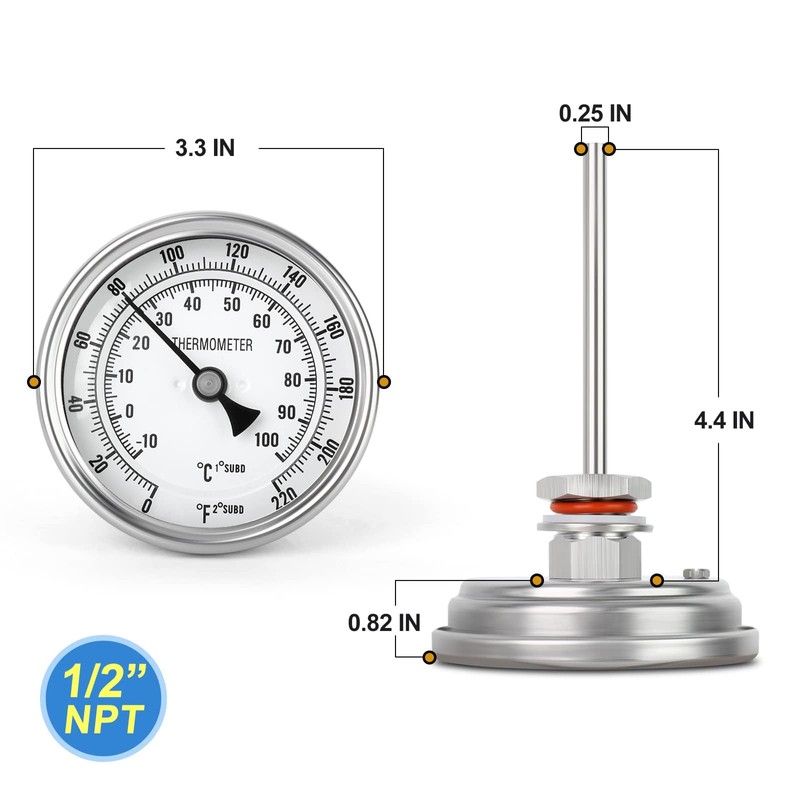 MEANLIN MEASURE 1/2" NPT Bimetal Thermometer, 3.3" Dial, 4.4" Stainless