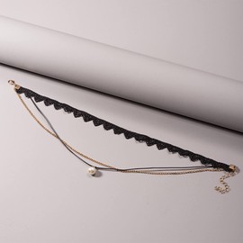 Sttiafay Triangle Lace Choker Layered Pearl Charm Rope Cord Necklace Thin Gold Clavicle Chain Black Tattoo Lace Choker Collar Jewelry for Women Teen Girls