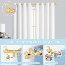TANGWIN Gold Farmhouse Curtain Rods for Windows:72-144 Inch Adjustable Curtain Rod for Bedroom Living Room,Heavy Duty Decorative Rustic Drapery Rods with Vintage Swan Finials Easy Install,Brass Gold