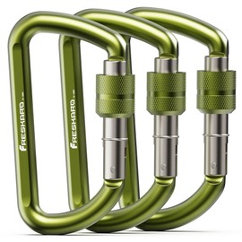 FresKaro Carabiner Clip Heavy Duty, Strong 12kN Screw-gate Aluminum Carabina, Locking Karabiner Hooks, 3 Inch, Lightweight, Lockable for Dog Lead, Hammocks, Swing, Camping, Key, D-Shaped, 3Pack Green