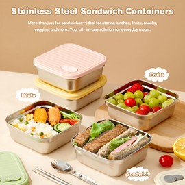 2 Pack Sandwich Containers, 20oz Stainless Steel Sandwich Box with Lids, Reusable Metal Meal Prep Lunch Boxes, BPA-Free, Dishwasher Safe, Food Storage Containers for Snacks & Fruits (White, Green)