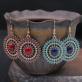QLUYCKW Bohemian Vintage Disc Earrings Color Rhinestone National Style Dangle Drop Earrings for Women Jewelry Gifts (Fireworks Red)