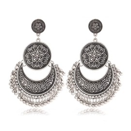 Vintage Indian Earrings for Women Boho Jhumka Earrings for Teen Girls Set Tassel Chandelier Earrings for Women Indian Dangle Earrings (Silver)
