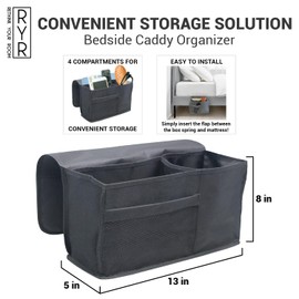RETHINK YOUR ROOM Bedside Caddy Organizer for Bunk Bed, Loft Bed, and Dorm, Storage for Phone, Tablet, Remote, Magazines, Water Bottle, Perfect for College Dorm Room Essentials – Warsaw Grey