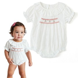 Curipeer Infant Baby Girls Embroidered Flowers Summer Onesie Romper Handmade Smocked Bubble Short Sleeve Jumpsiut Romper for Baby Girls 18M