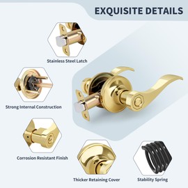 LOQRON Wave Style Door Lever Privacy Door Handle, Gold Keyless Interior Lever Reversible for Left/Right Handed for Bedroom, Bathroom, Living Room with Polished Brass Finish, 1 Pack