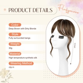 Flufymooz Clip in Bangs,12 Inch French Bang Fringe with Temples Hairpieces for Women Daily Wear-Deep Brown with Dirty Blonde
