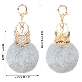 HONBAY Faux Rabbit Fur Fluffy Keychain Fashion Fox Head Alloy Keychain Sparkly Rhinestone Handbag Backpack Car Keychain, Grey, Medium