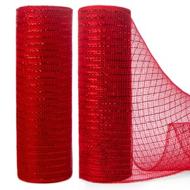 Ribbli 2 Rolls Red Mesh Ribbon,10 inch x 30 feet(10Yard) Each Roll,Metallic Red with Red Foil,Christmas Ribbon for Wreath Swags and Decorating