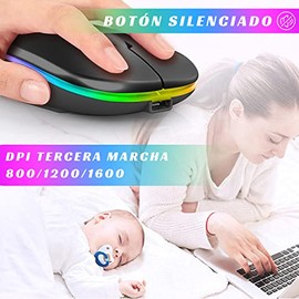 DQST Mouse Inalámbrico, 2.4G Mouse Inalámbrico Recargable, con Receptor USB y Convertidor Type-c, 3 dpi Ajustables, Clic Silencioso, Luz de Respiración de Retroiluminación Colorida. (Negro)