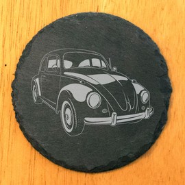 Vintage VW Beetle Delight: Set of Slate Coasters with Laser-Etched Charm - Stylish Home Decor and Perfect Gift for Car Enthusiasts! - Round Slate - set of 4
